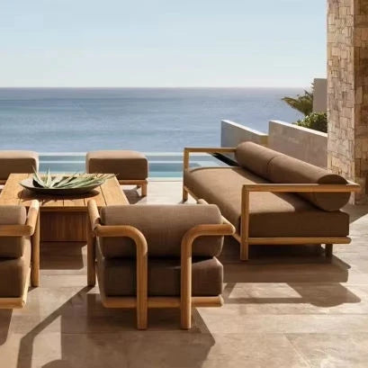 #New Design Round Leg Teak Wood Eco-Friendly Outdoor Sofa and Chairs Set with Thick Cushions for Garden/Courtyard/Park