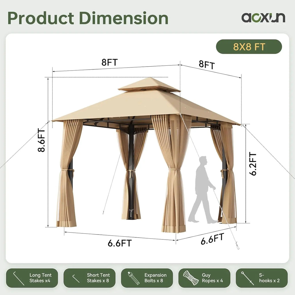 8'x8' Gazebo with Double Roof & Mosquito Netting, Beige, Customized
