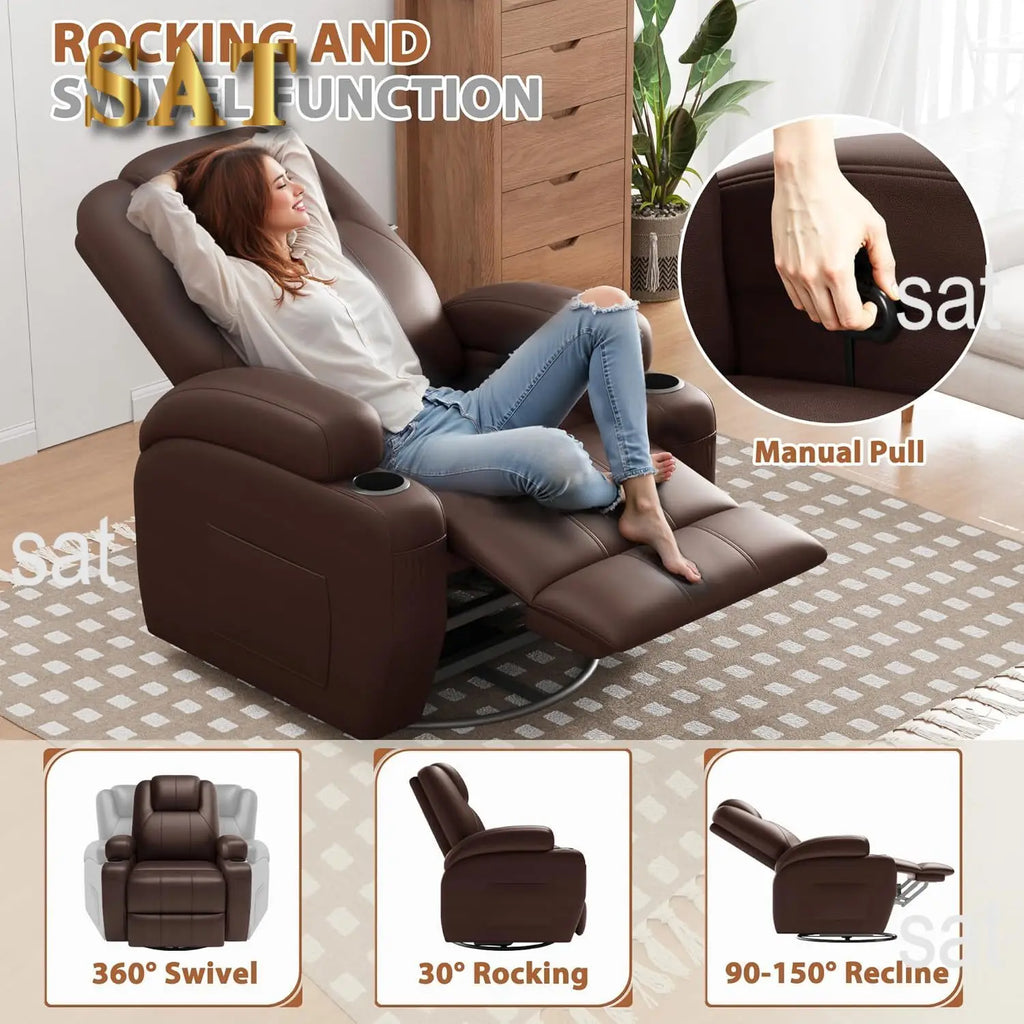 #Swivel Rocker Recliner Chair Vibration Massage 360° Ergonomic Lounge Cup Holders Leather Brown, Customized
