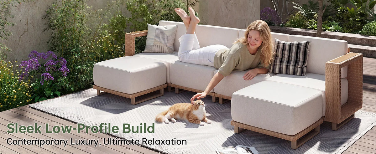 Aoxun Patio Furniture Set, 6 Piece Outdoor Wicker Sofa, Yellow/Beige | All‑Weather Rattan Modular Sofa with 10'' Ultra‑Thick Cus