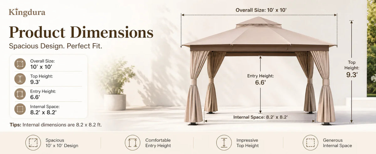 Kingdura 10'x10' Outdoor Gazebo, Heavy Duty Metal Patio Canopy Tent Shelter with Double Roof, Mosquito Netting & Privacy Curtain