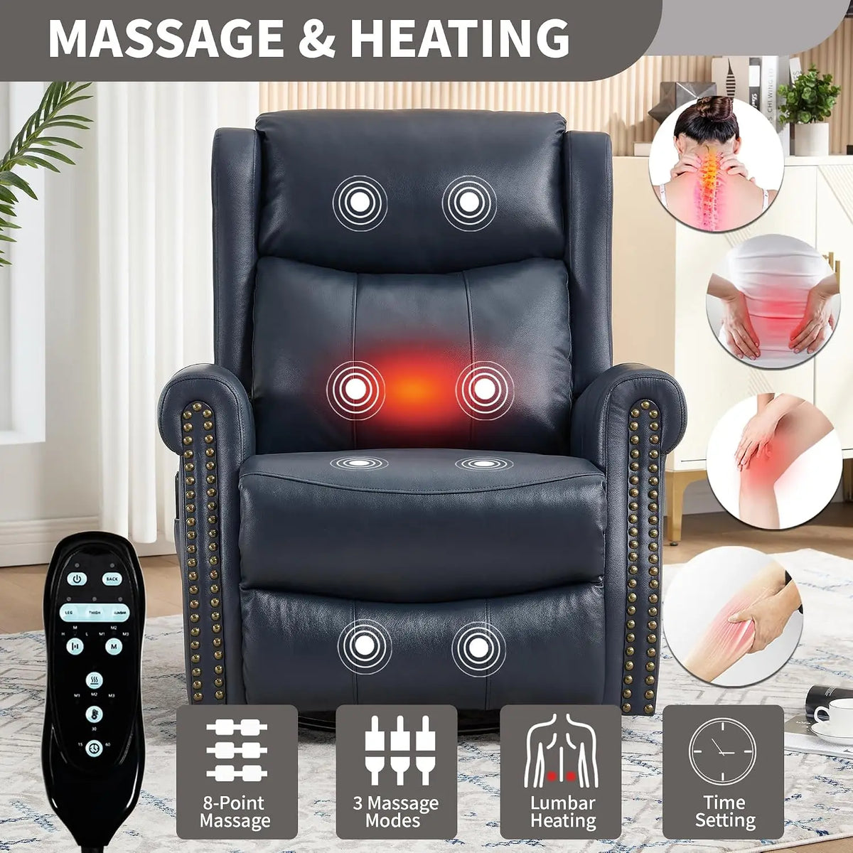 Genuine Leather Manual Recliner Chair with Swivel Rocker Massage Heat Nursery Small Space Blue, Customized