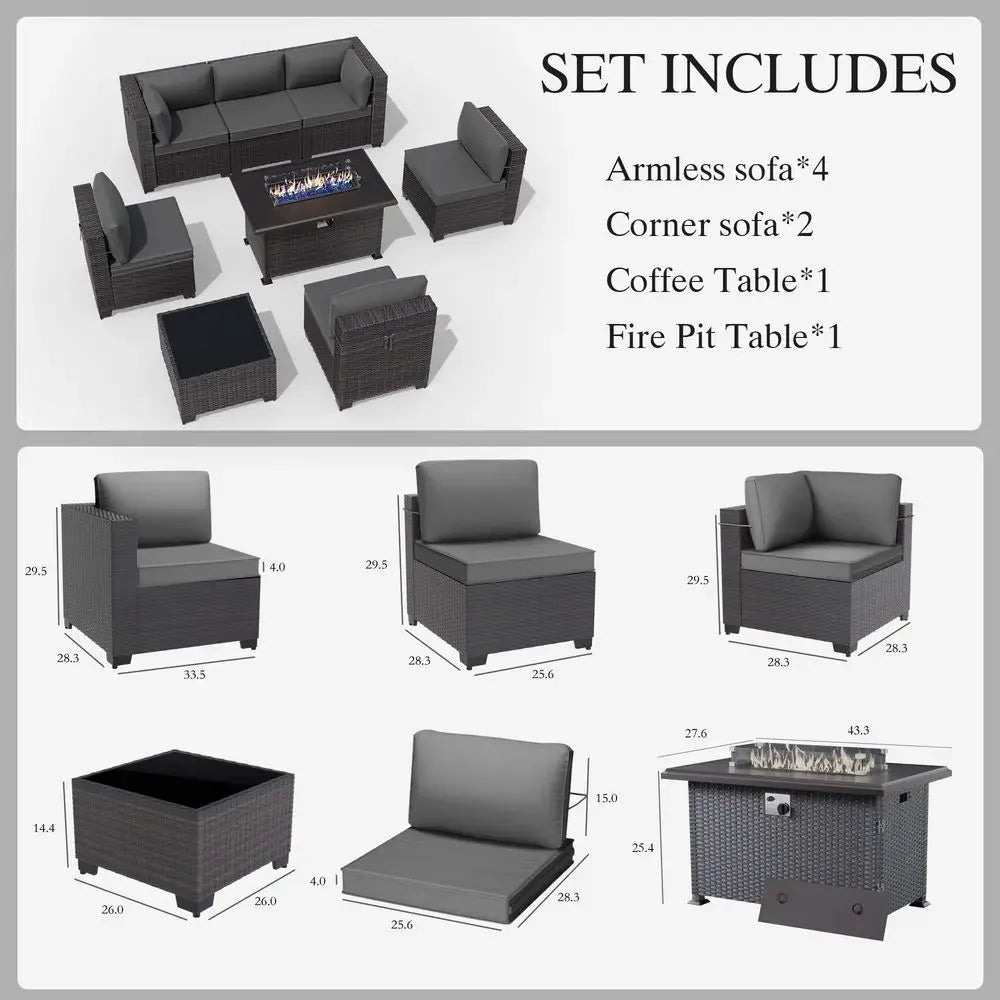 8 Pieces Patio Furniture Set with Fire Pit Table, All Weather Rattan Outdoor Furniture with 29.5 High Backrest 4 Thick Cushions