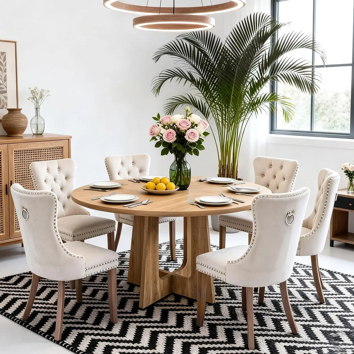 7-Piece Round Dining Table Set for 6, 47" Black Farmhouse Kitchen Table with 6 Gray Velvet Tufted Chairs, Modern Circle, Custom