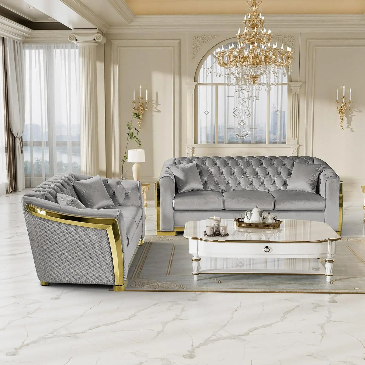 Mid Century Modern Sofa 84" Grey & Gold Tufted Velvet Upholstered Living Room Furniture, Customized