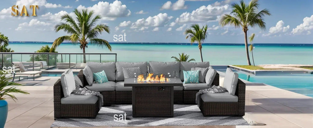 /Garden Furniture 7 Pie Set with Fire Pit Table, Rattan Outdoor Patio Sectional Conversation Furniture Sets WSeat Cushions