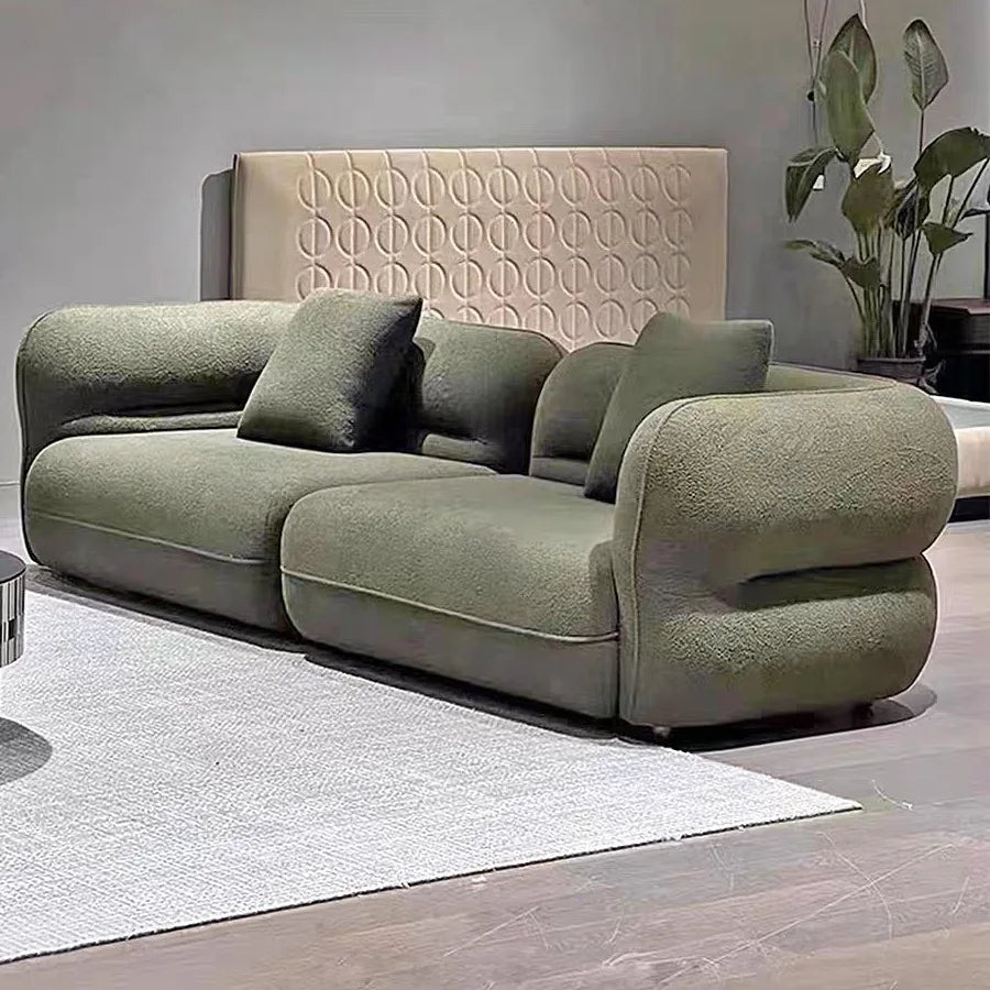Lamb wool three-person straight sofa Nordic cream style beige fabric sofa curved living room apartment Bobo ball