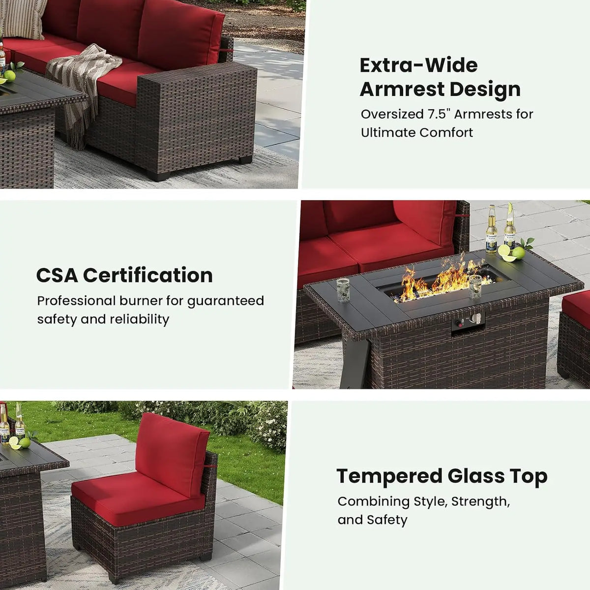 7-Piece Patio Set with 44" Fire Pit Table, Outdoor Wicker Rattan Sectional Sofa for Garden Porch Backyard, Customized