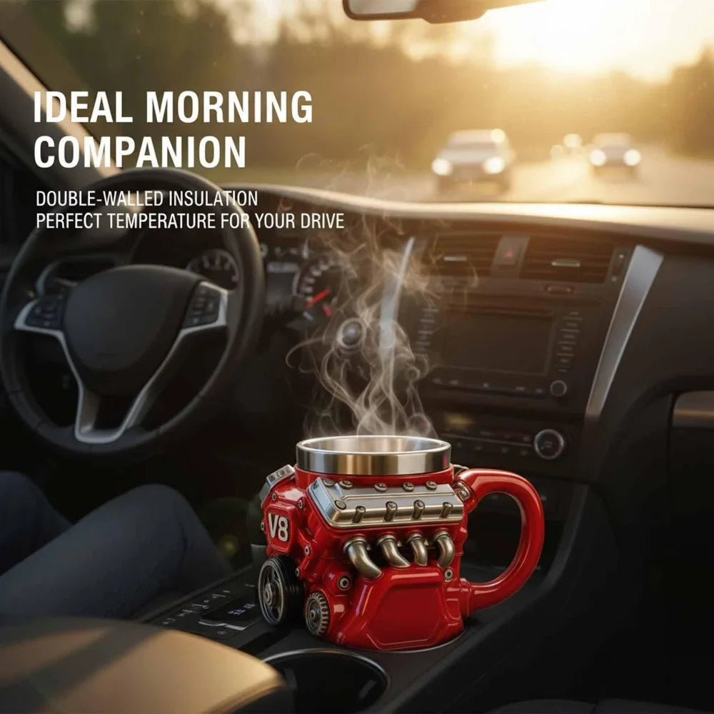 Retro Engine Coffee Mug Double Wall 180ML V8 Engines Stainless Steel Cup with Handle Realistic Design Insulation Car Mug
