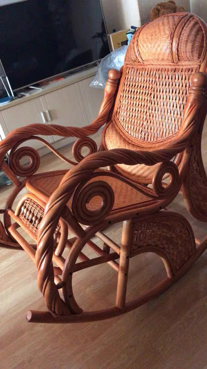 CZ Rocking Chair Hanging Basket Natural Real Rattan Plant Woven Relaxing Leisure Recliner