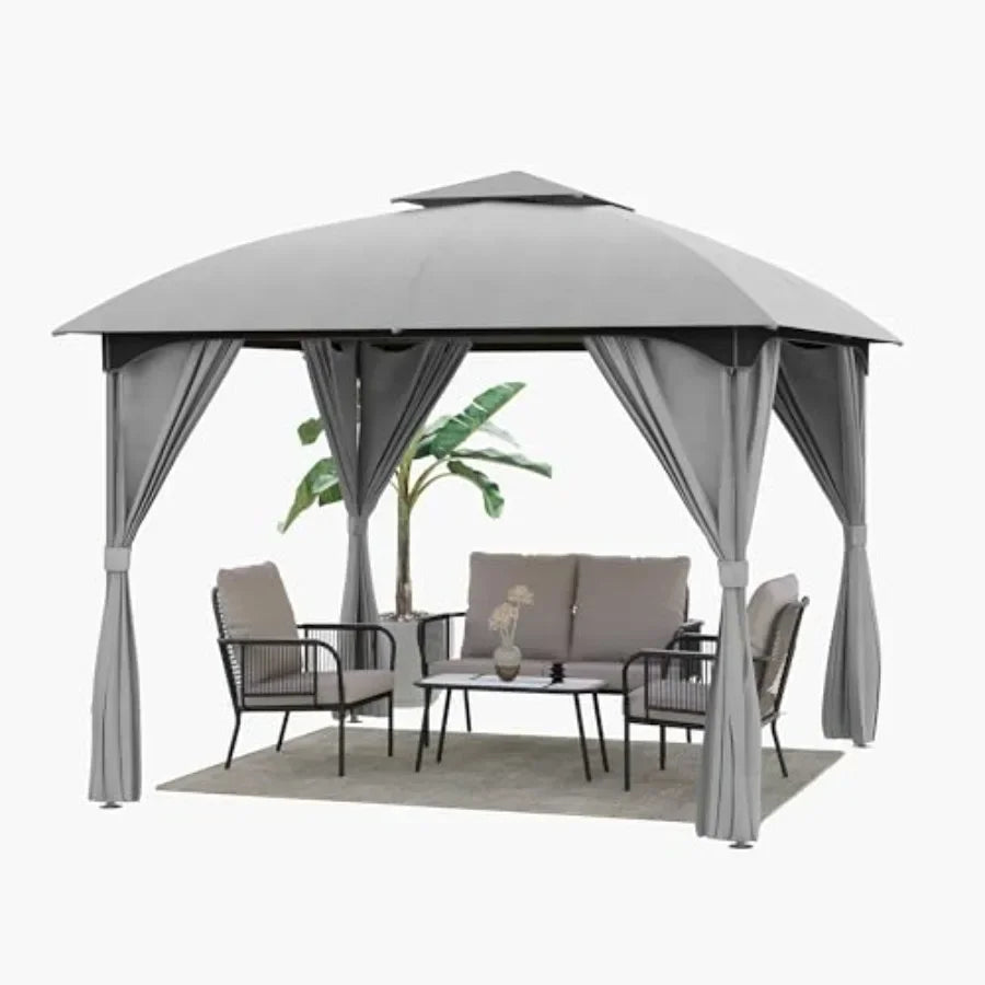 10'x10' Patio Arc Gazebo, Outdoor Canopy Tent with Curved Roof Design, Double Tier Top, Privacy Curtains and Wind-Resistant Rop