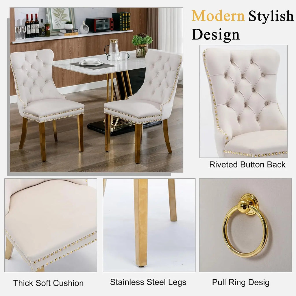 4-Seat Round Dining Table Set, 47" White Faux Marble Table with 4 Beige Velvet Tufted Chairs, Gold Stainless Steel, Customized