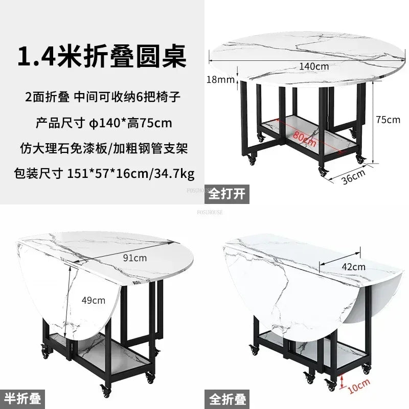 Home Folding Dining Table Set with Chairs Mobile Round Furniture Modern Kitchen Living Room Light Luxury Simple Portable