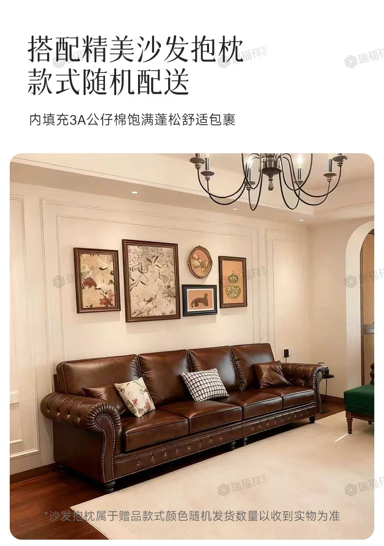 4-10 genuine leather sofa, living room 3-4 seater sectional, vintage oil wax leather brown straight sofa