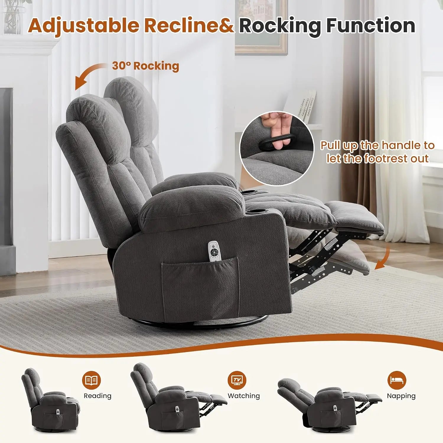 Swivel Rocker Recliner with Massage, Heat, USB, Cup Holders & Side Pocket for Living Room, Customized