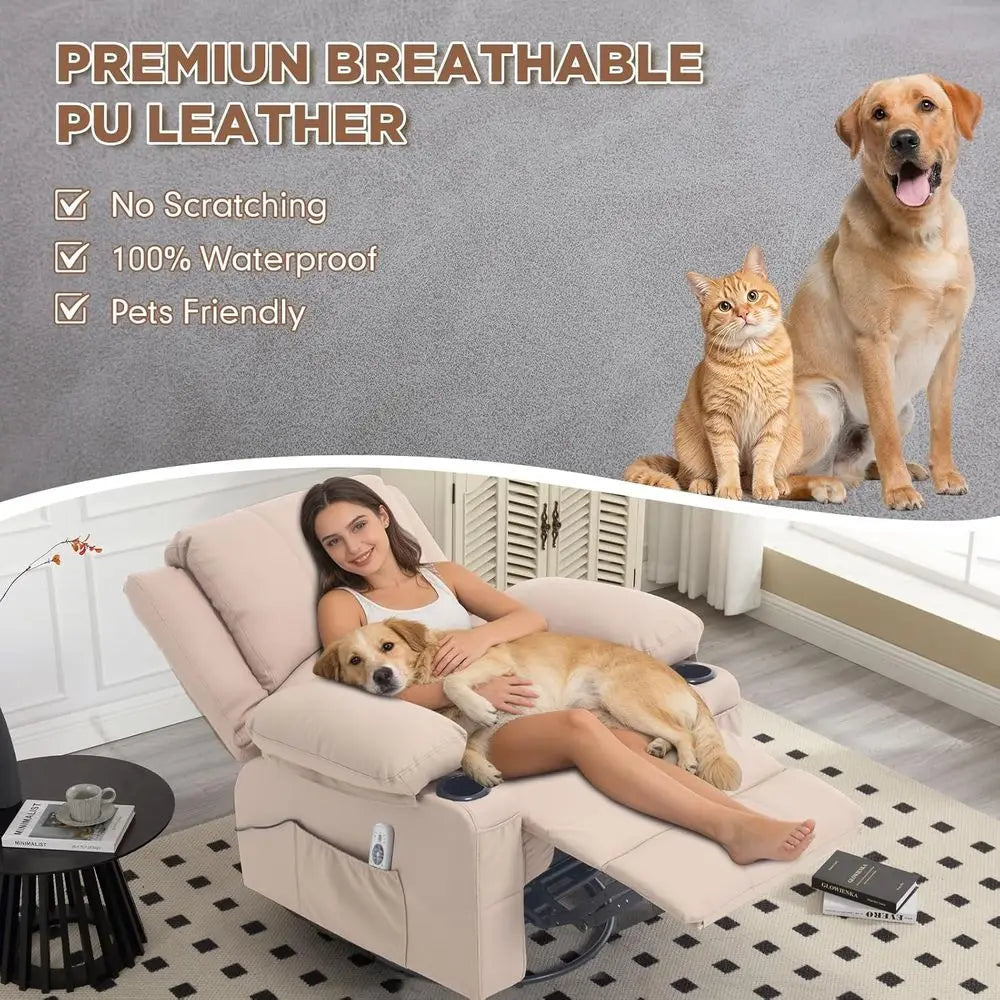 Leather Swivel Rocker Recliner with Heat Massage and Cup Holders, Plush Rocking Glider Chair with Heated Massaging Recline, Beig