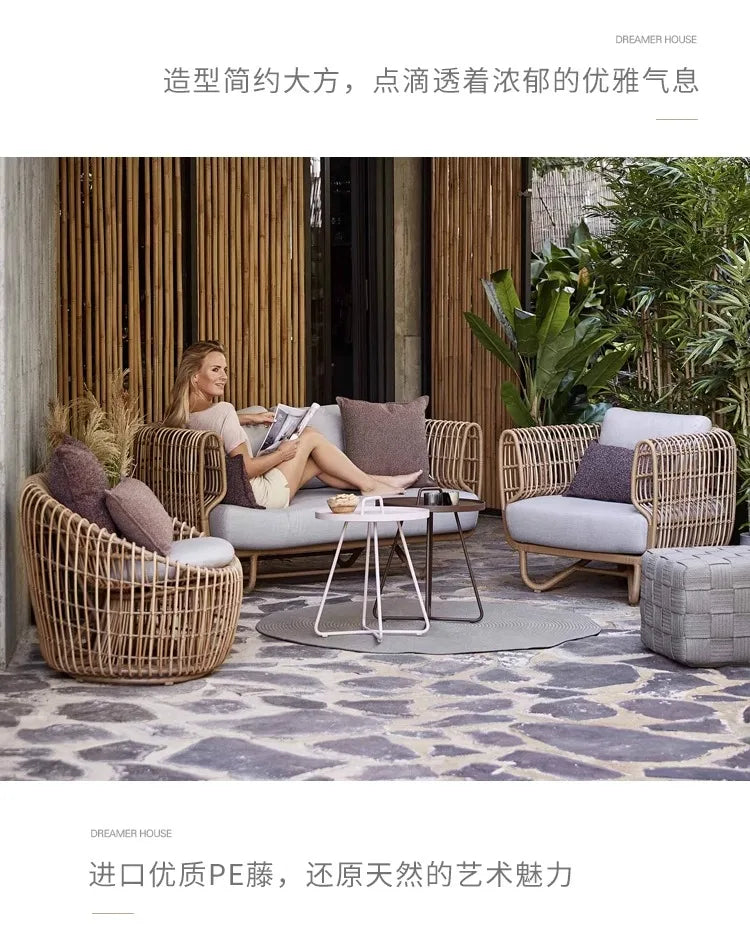 Outdoor rattan sofa, tea table combination, courtyard garden, terrace, leisure woven rattan chair, outdoor furniture