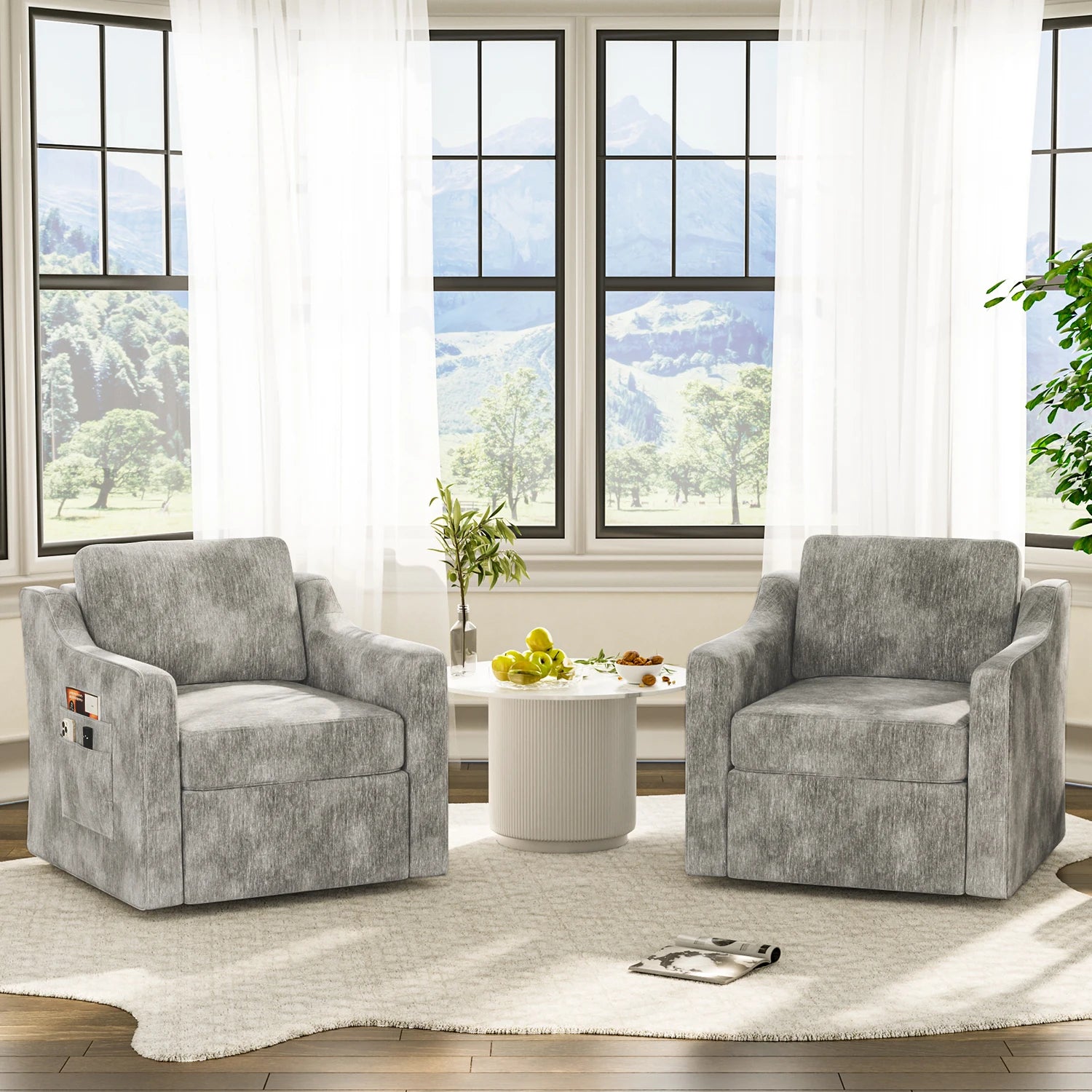 360° Swivel Accent Chair Set of 2, Large Comfy Reading Chairs, Accent Square Single-seat Armchair Upholstered Sofa
