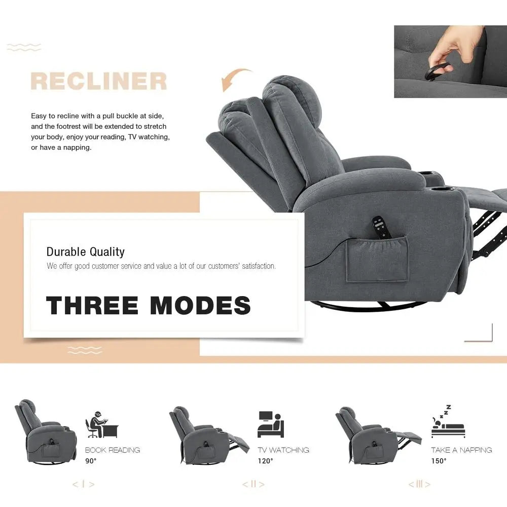 Rocking Chair Recliner Chair with Massage Swivel Ergonomic Lounge Chair Classic Single Sofa with 2 Cup Holders Side Pockets Liv