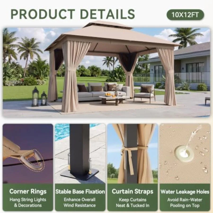 Outdoor Gazebo with Curtain and Mosquito Netting, Beige