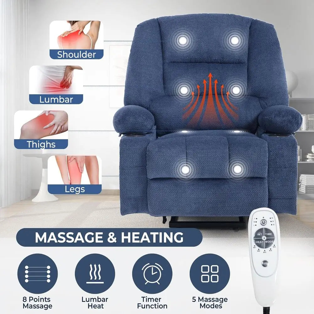 Electric Recliner Chair with Cup Holder, USB Port, Fabric, Power-Lift, Heat, and Massage, Ideal for Seniors, Blue