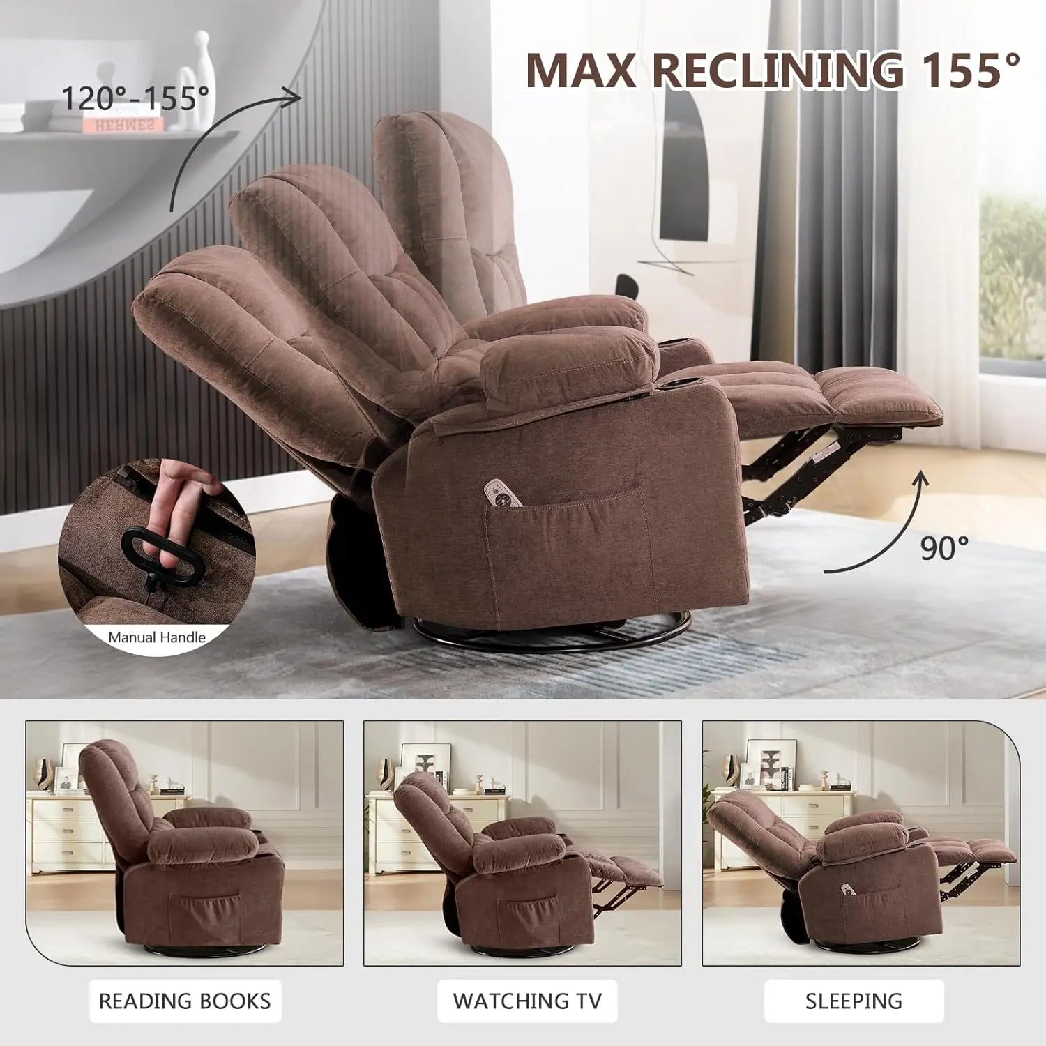 Swivel Rocker Recliner with Massage & Heat, Ergonomic Lounge Chair for Living Room with Pocket, 2 Cup Holders, USB, Customized