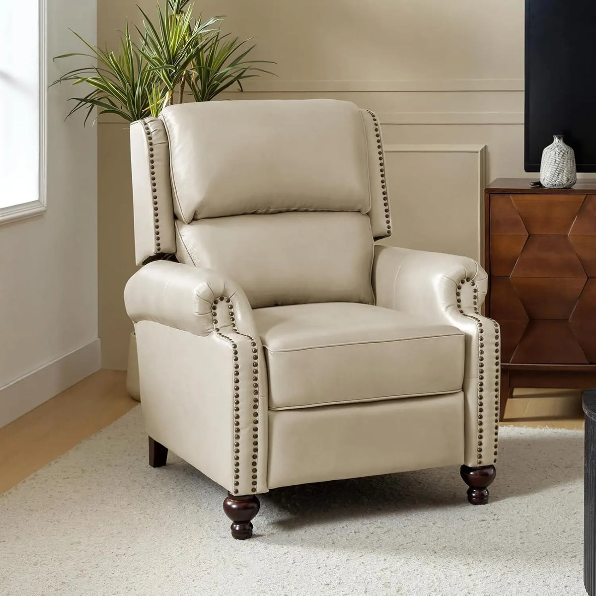 #Genuine Leather Wingback Recliner Thick Cushioned Seat Push Back Nailhead Trim Living Room Chair, Customized