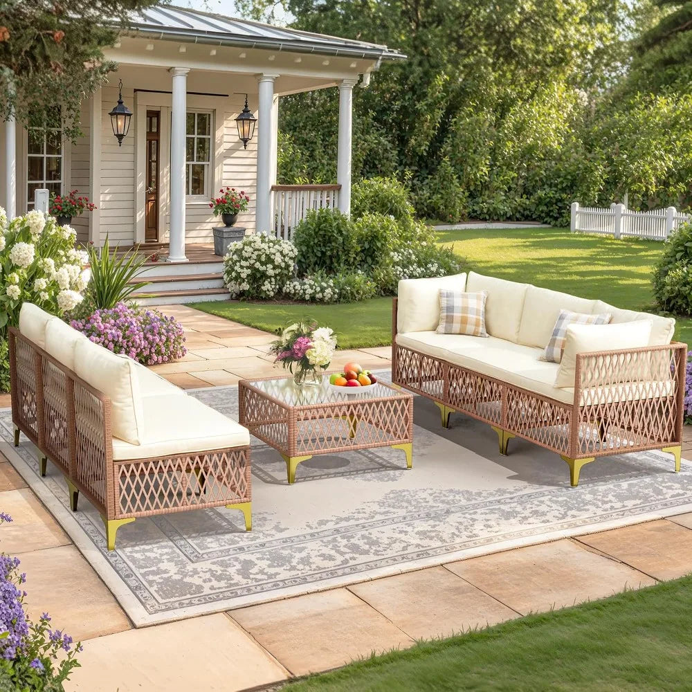 7-Piece Wicker Outdoor Sectional Sofa Patio Set with Washable Cushions & Glass Table, All-Weather for Backyard & Porch, Custom