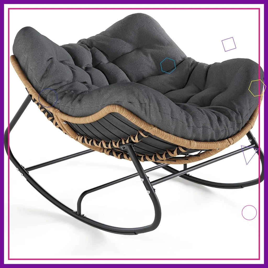 Oversized Outdoor Rocking Chair, Patio Papasan Rocker, Comfy Wicker Egg Chair with Cushion, Dark Grey