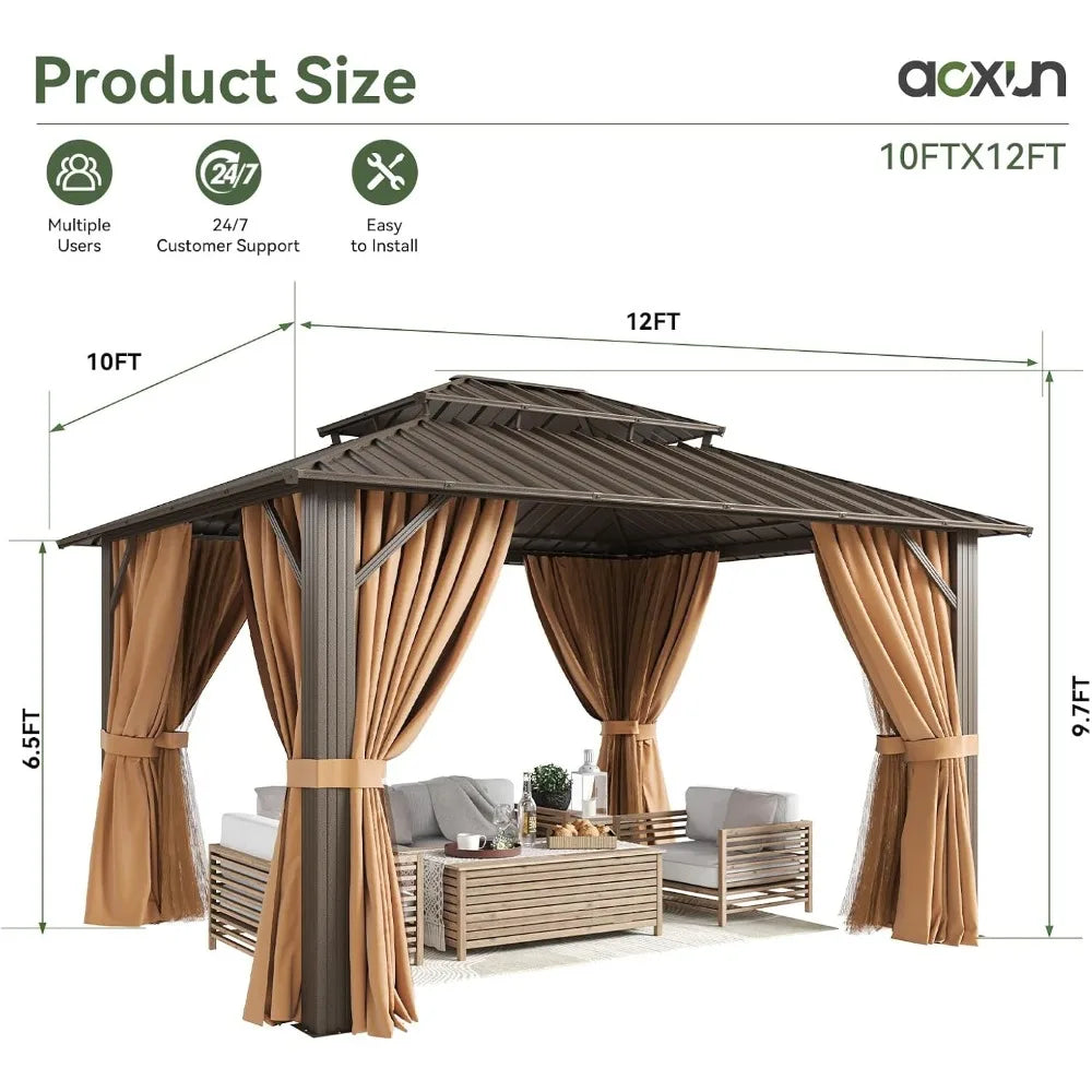 Gazebo 10x12 Hardtop with Double Galvanized Steel Roof, Brown Metal Frame, Netting & Curtains