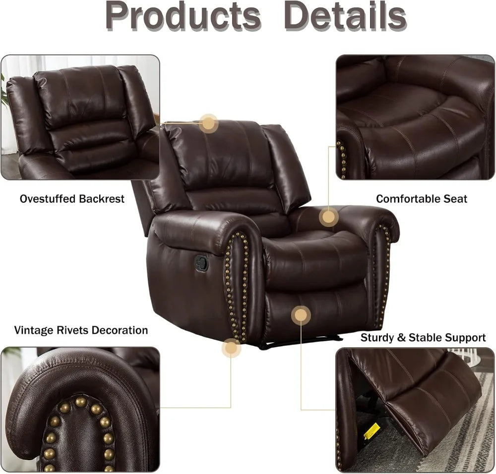 Leather Recliner Chair for Living Room, Manual Single Sofa with Footrest, Brown