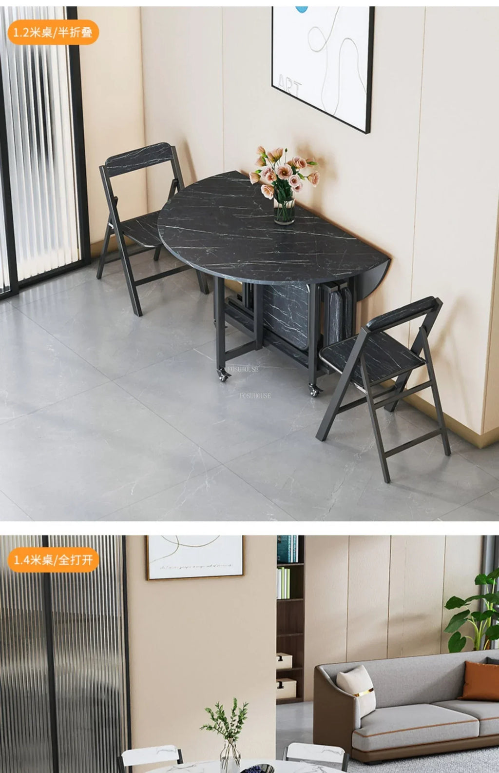 Home Folding Dining Table Set with Chairs Mobile Round Furniture Modern Kitchen Living Room Light Luxury Simple Portable