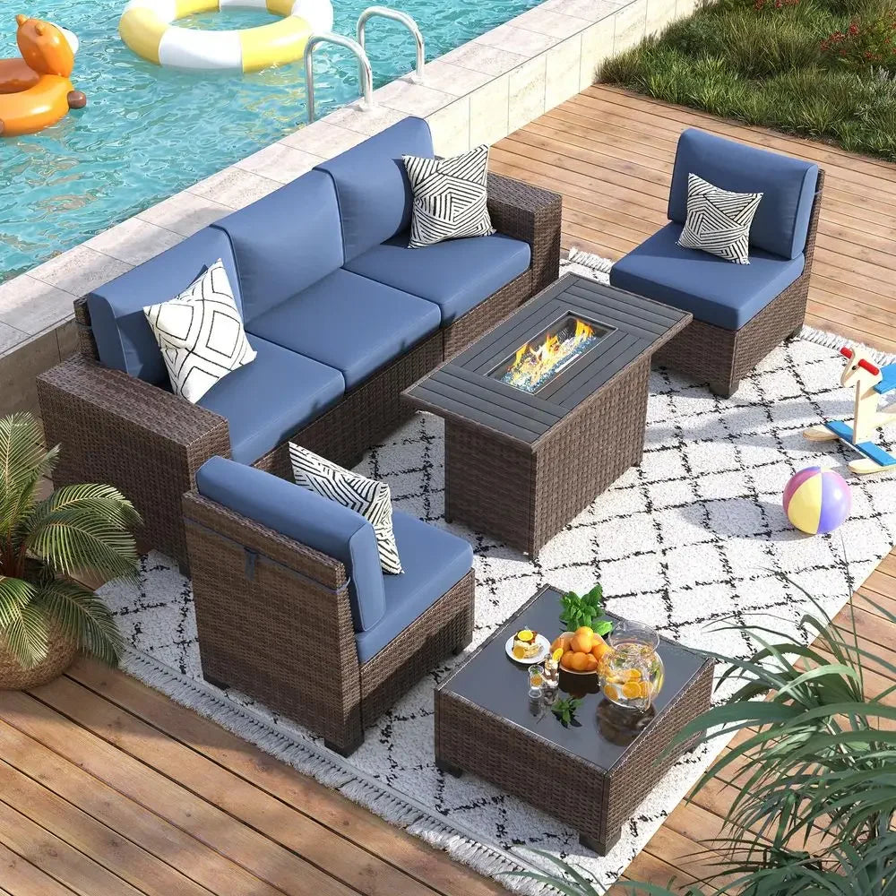 Piece Patio Furniture Set with Fire Pit Table, Outdoor Conversation Sets Wicker Rattan Sectional Sofa with Coffee Table for Pat