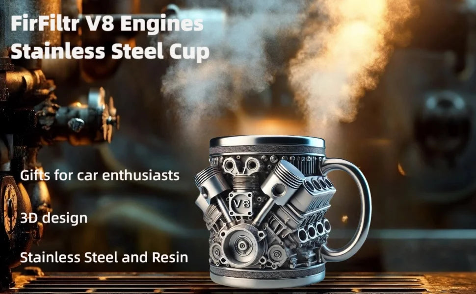 V8/V6 Engine Stainless Steel Cup 3D Piston Coffee Mug Barbecue Beer Stein Tea Cups Creative Mechanic Gifts For Car Lovers Men