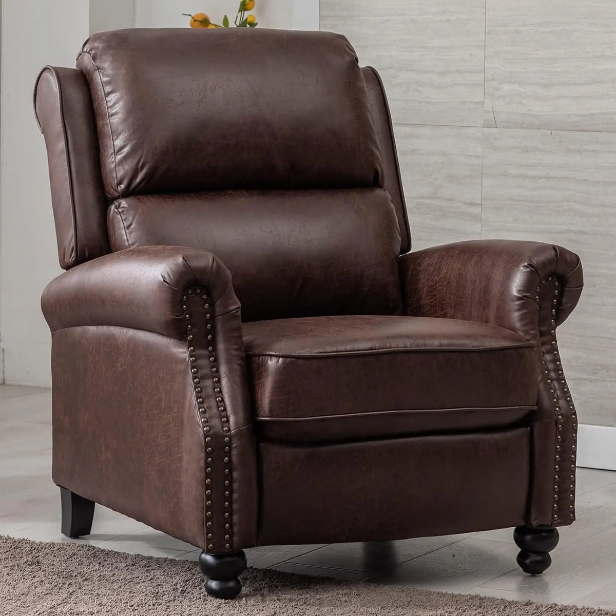 Faux Leather Recliner Armchair with Rivet Decoration Single Sofa Accent Chair for Living Room, Reddish Brown, Customized