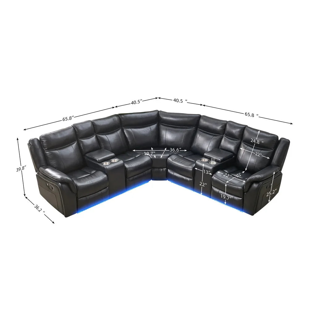 Recliner Couch Chair Manufacturer Power Reclining Sectional Black Technical Leather 5 Seat Oversized Sofa Set with USB LED Strip