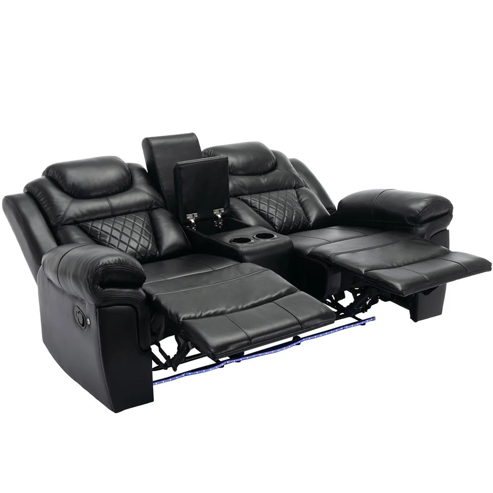 #￥Couple Manual Reclining Sofa Chair 2-seat Black Faux Leather Smart Electric Sofa Recliner Chair Supplier with Cup Holder LED