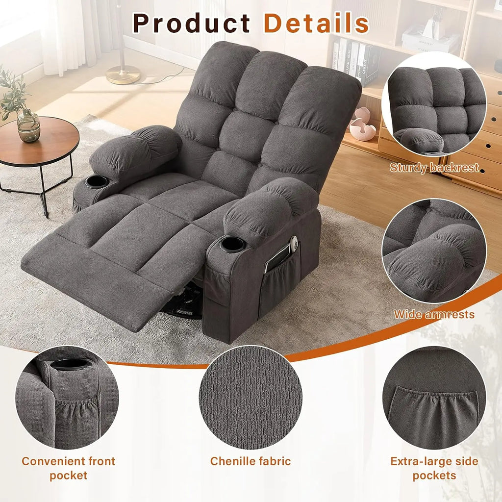 Swivel Rocker Recliner Chair with Vibration Massage Heat USB Port Side Pocket for Living Room, Customized