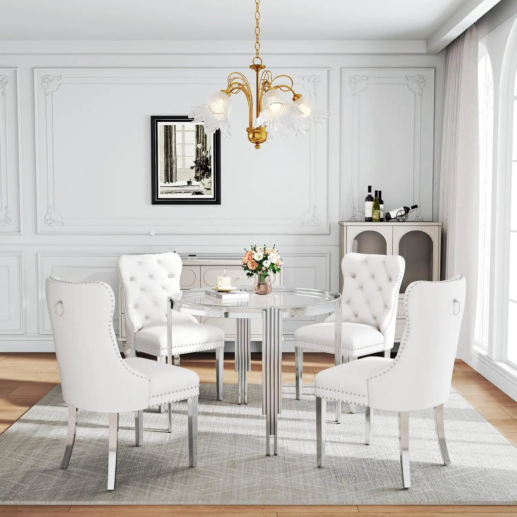 Round Glass Dining Table Set 5-Piece with 4 Velvet Chairs for Kitchen Dining Room Apartment, Customized