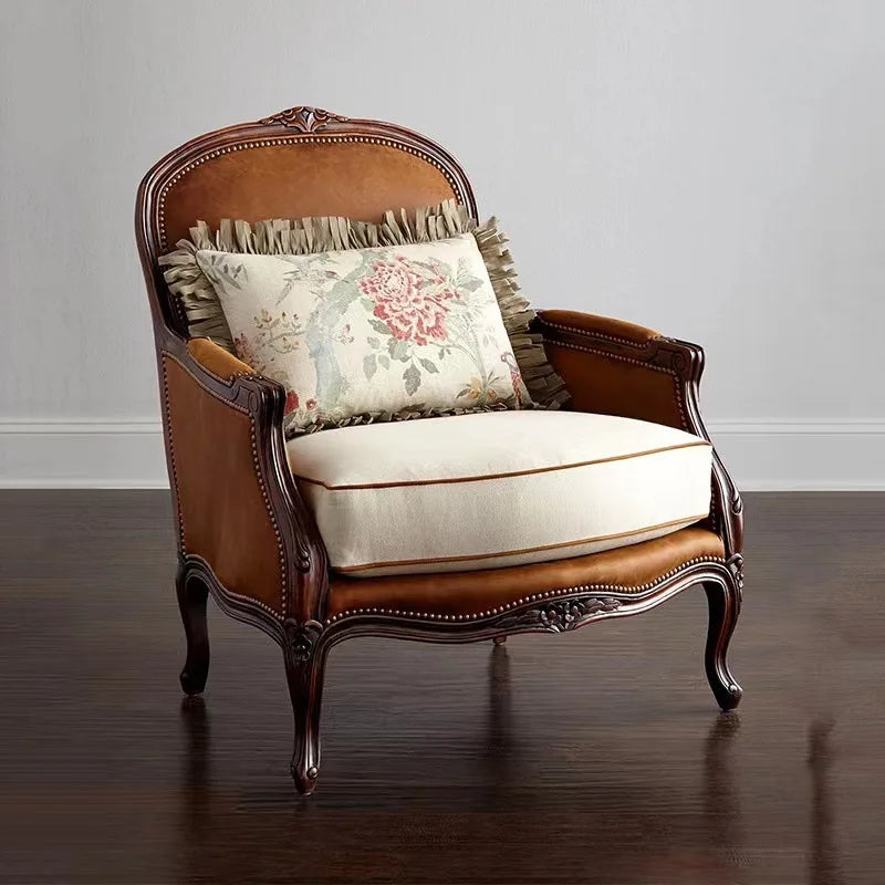 American furniture solid wood sofa chair high back tiger chair living room villa single leather cloth leisure chair all solid wo