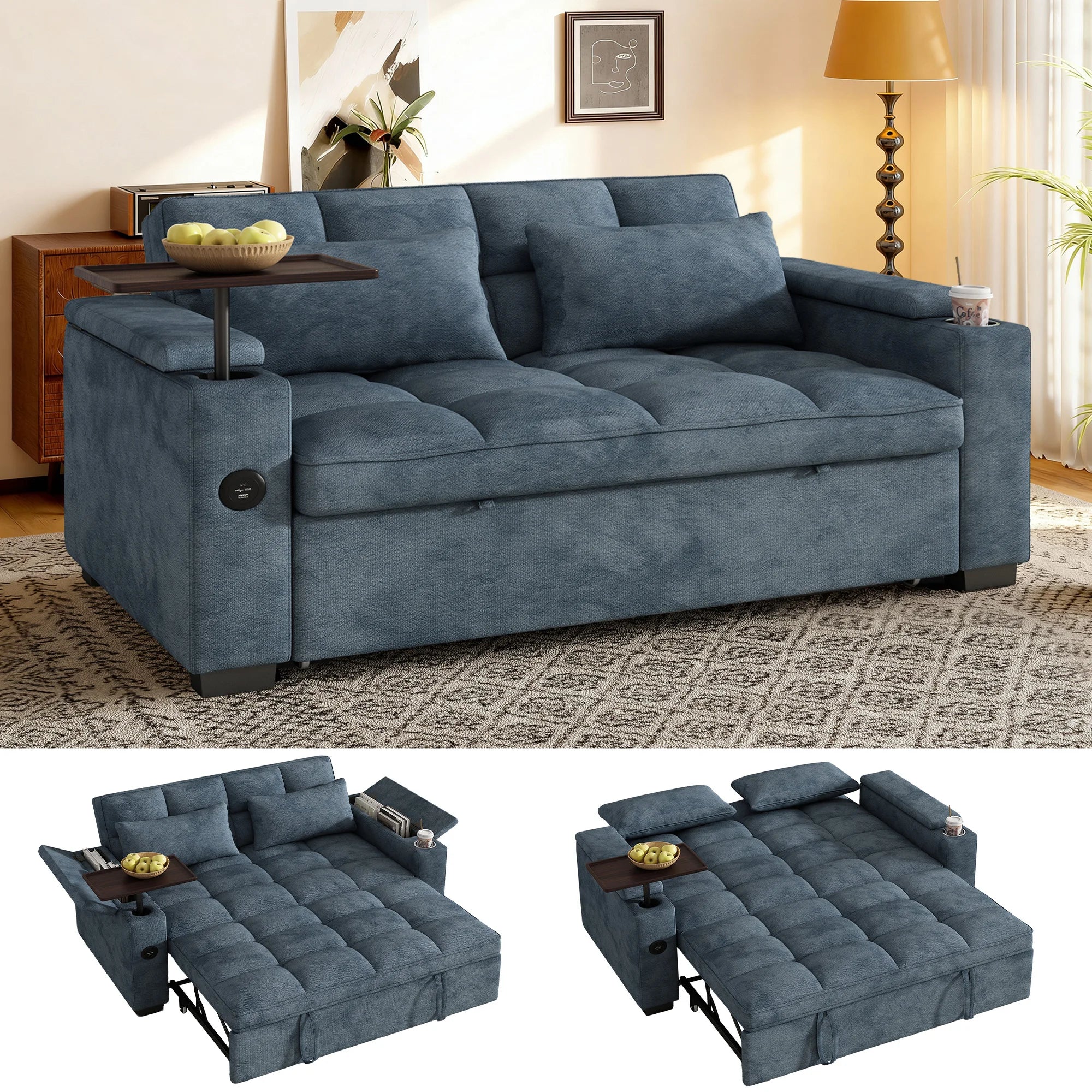 65" 3-in-1 Folding Convertible Sofa Bed with 360° Swivel Side Table, Pull Out Couch USB Charging, Modern Corduroy Chenille, Black