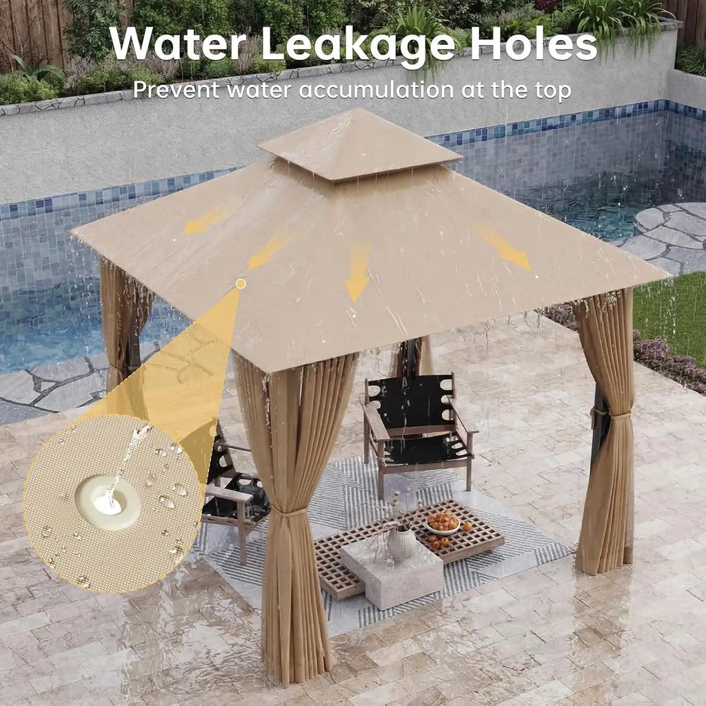 8'x8' Gazebo with Double Roof & Mosquito Netting, Beige, Customized