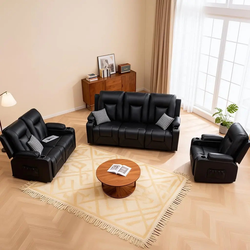 Living Room Furniture Set,Faux Leather Manual Recliner Sofa Sets | Reclining Couch with Cup Holders and Pockets,Loveseat and Arm