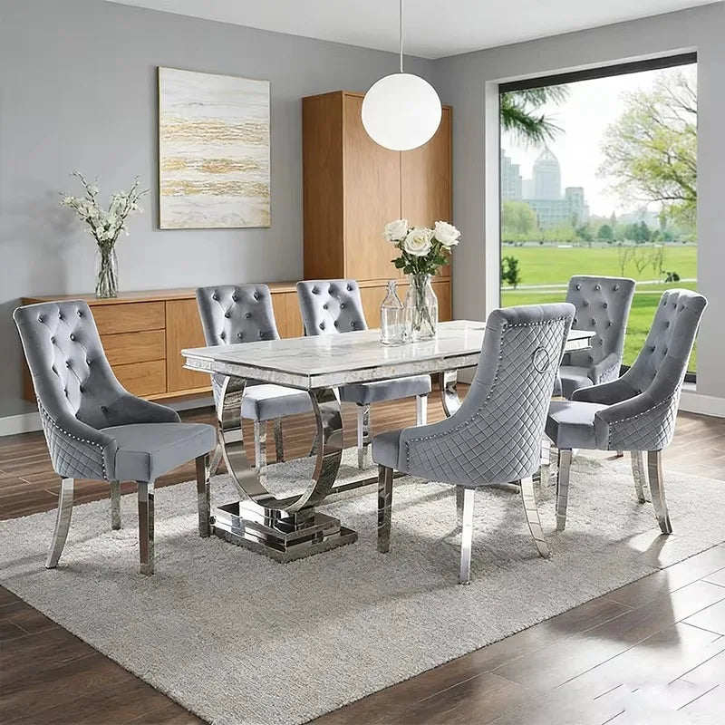 # Factory Wholesale Solid Marble Dining Table with Silver Circle Decorations