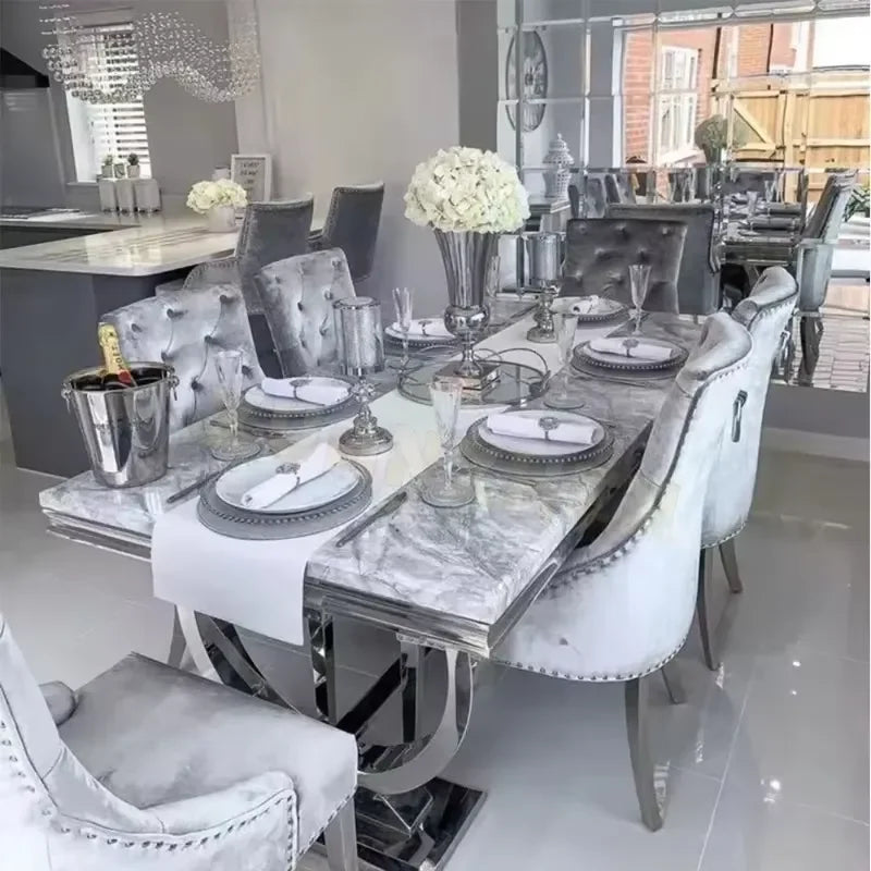 2026 Hot Sale Dining Table and 6 Chairs Set for Modern Home Grey High-End Marble Dining Table Set