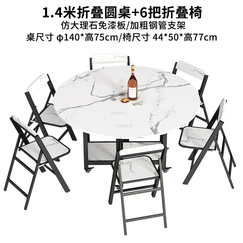 Home Folding Dining Table Set with Chairs Mobile Round Furniture Modern Kitchen Living Room Light Luxury Simple Portable