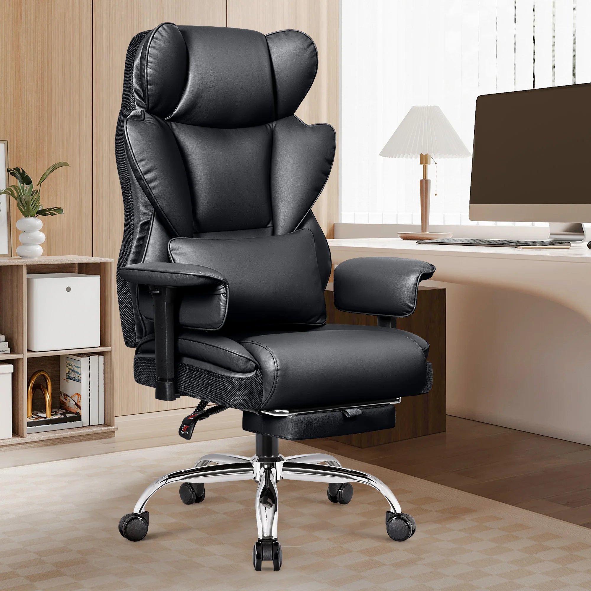 KERDOM Big and Tall Gaming Chair 500lbs Wide Seat and Footrest, Ergonomic Chair with Pocket Spring Cushion and Armrest, Metal Base & Quiet Rubber Wheels, Leather Office Chair with Adjustment Headrest and Lumbar Support for Lo