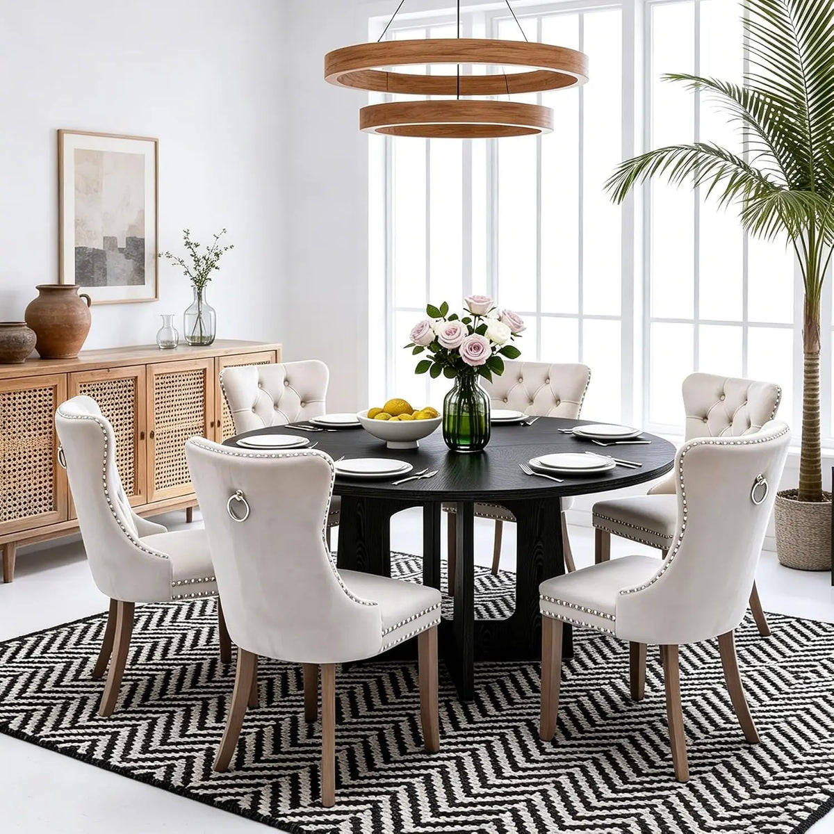 7-Piece Round Dining Table Set for 6, 47" Black Farmhouse Kitchen Table with 6 Gray Velvet Tufted Chairs, Modern Circle, Custom