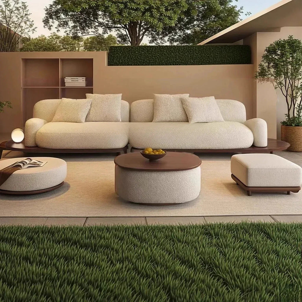 Nordic cream style solid wood high-end artistic sense small apartment living room sofa walnut color lamb wool sofa