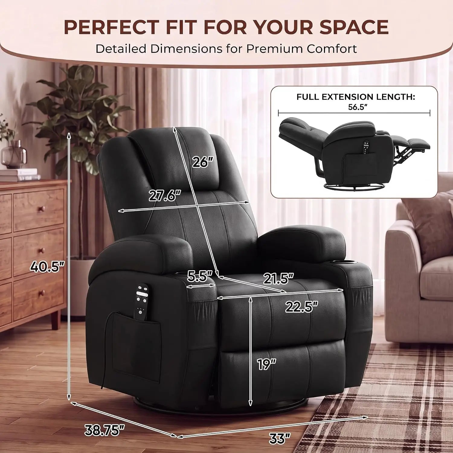 Recliner Chair, 360° Swivel Rocker Chair for Adults, Rocking Recliner Chair with Massage, Comfy Single Sofa with Side, Custom